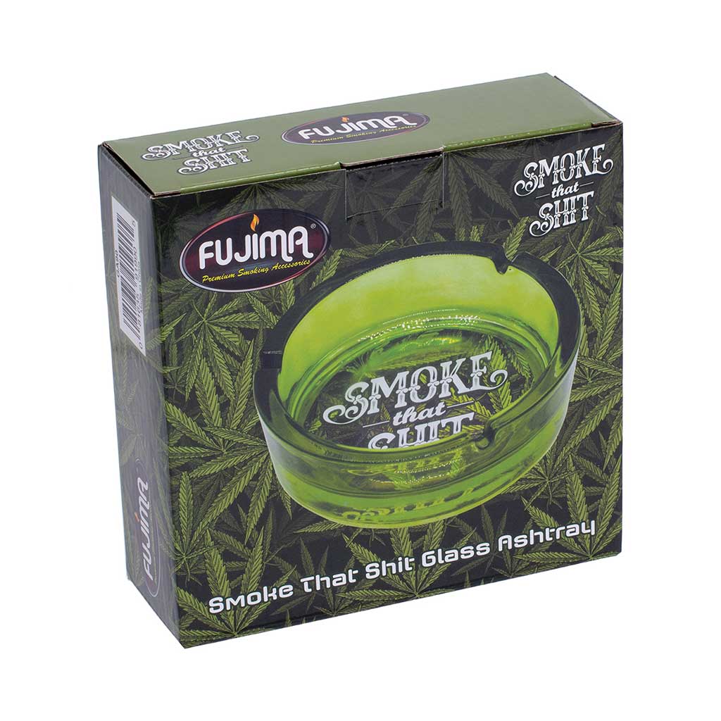 Green Smoke That Shit Glass Ashtray top view, durable glass with cannabis leaf design, premium smoking accessory at Honeybee Herb