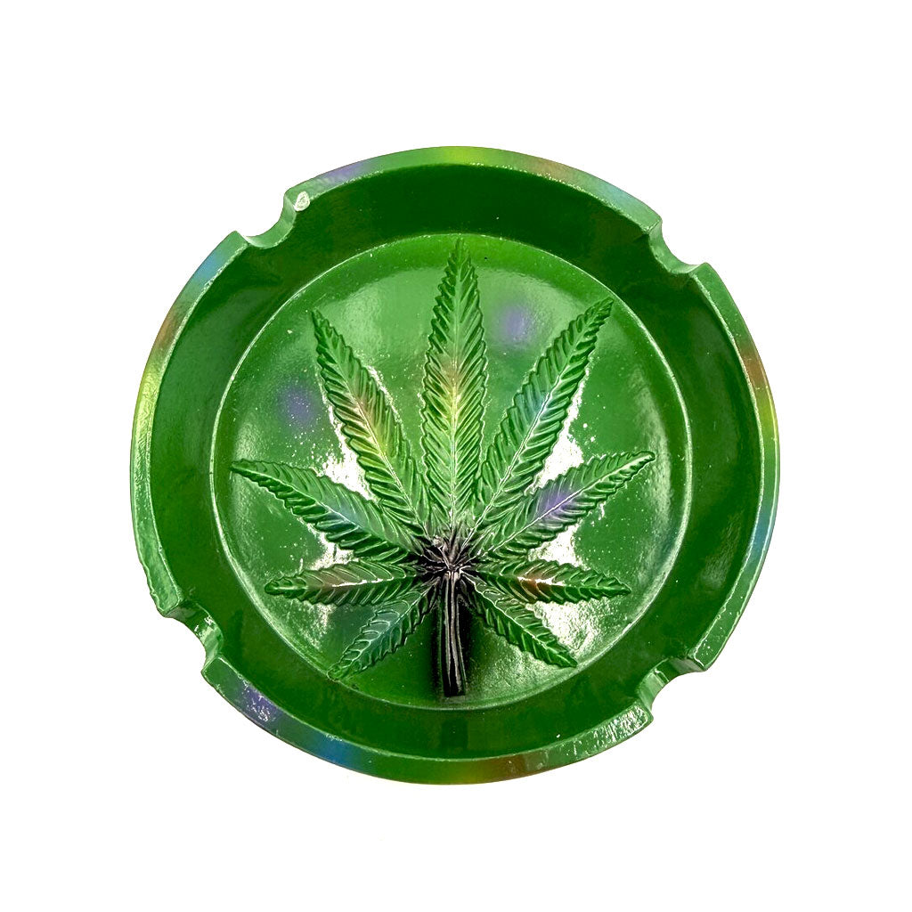 Green tie dye polystone round ashtray with raised leaf design