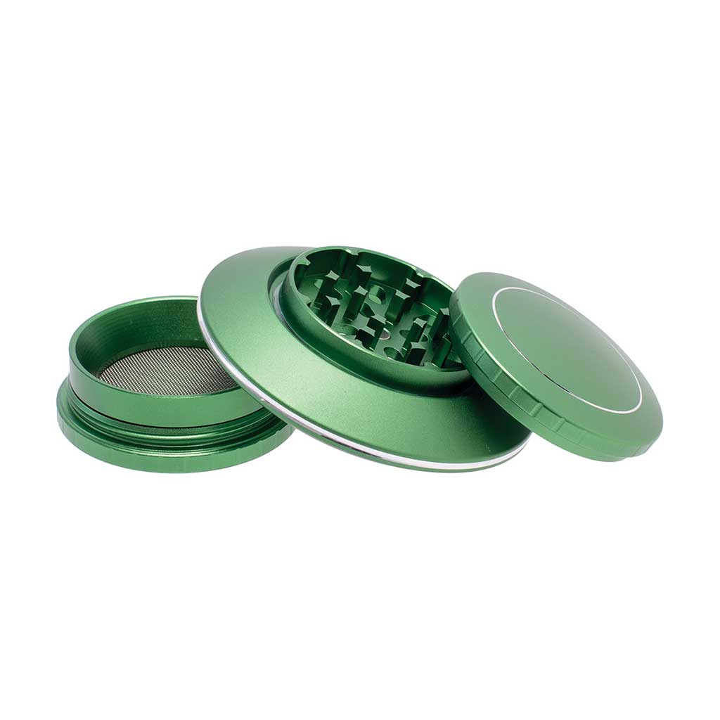 Green UFO Grinder 3 Inch Open View Showing Sharp Teeth and Mesh Screen