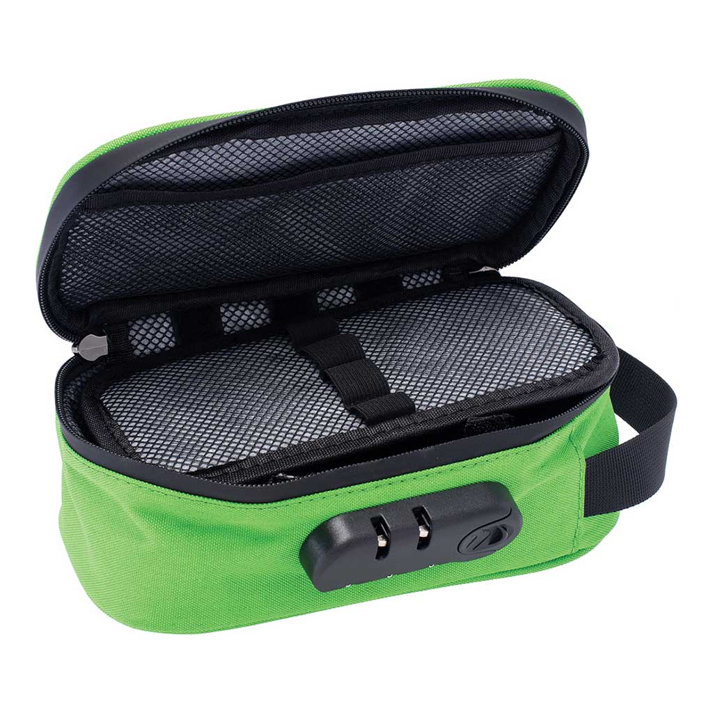 Interior of 8x4x3 Greenery smellproof bag with dividers – secure odor-proof pouch for stash storage. 
