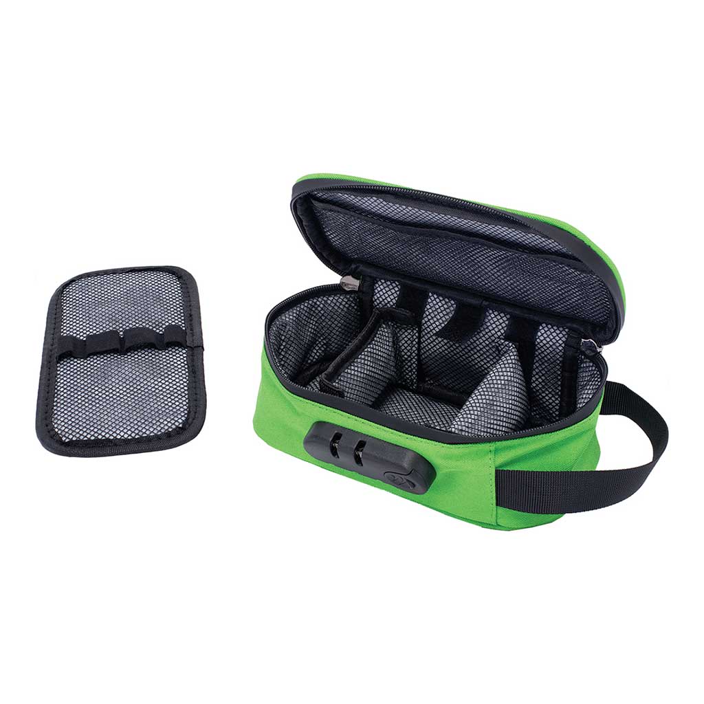 Open view of 8x4x3 Greenery smellproof bag with lock – odor-blocking stash storage pouch from Honeybee Herb. 