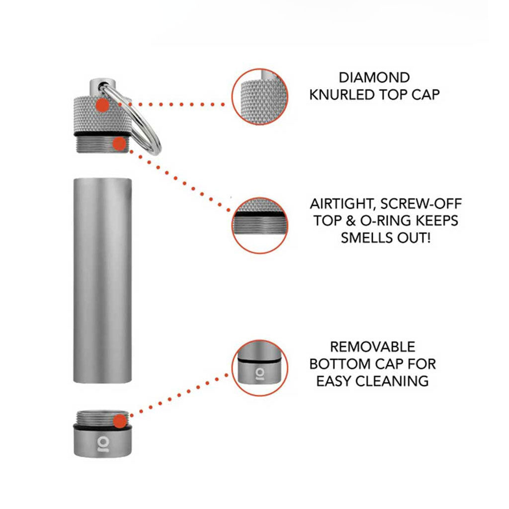 ONGROK Gun Metal storage keychain highlighting airtight, odor-proof, and easy-clean features. 