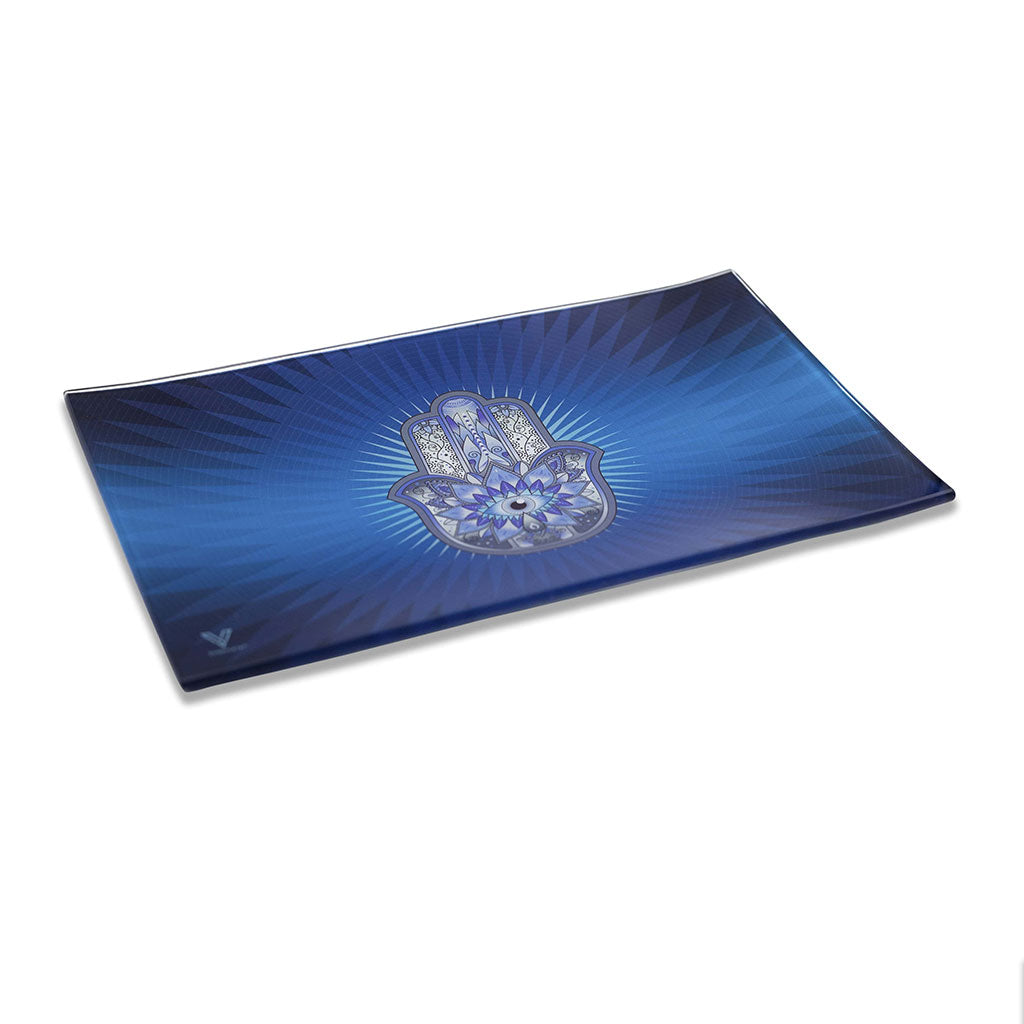 hamsa blue glass rolling tray, medium with raised edges — in stock 