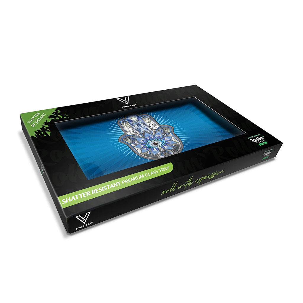  hamsa blue glass rolling tray in gift box — shatter-resistant, fast shipping