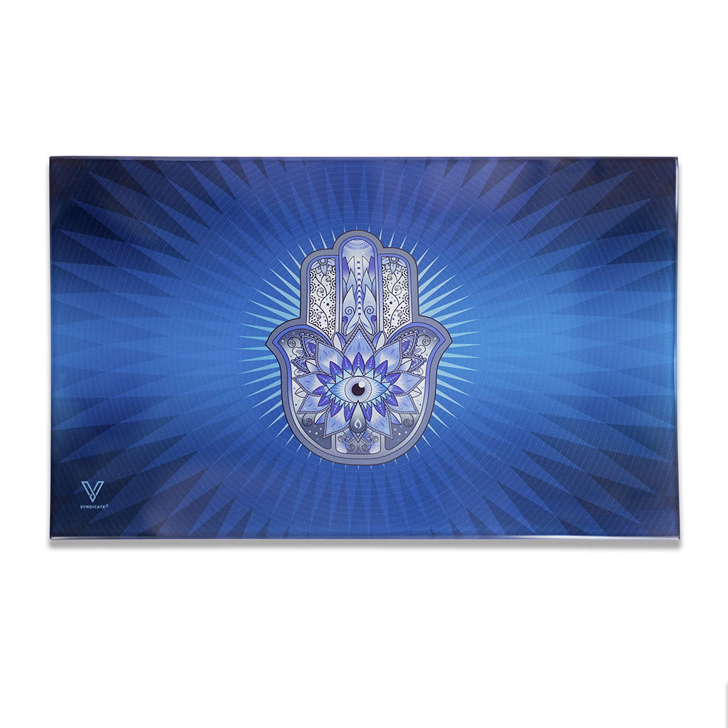  top view of hamsa blue glass rolling tray (medium) — buy now at honeybee herb