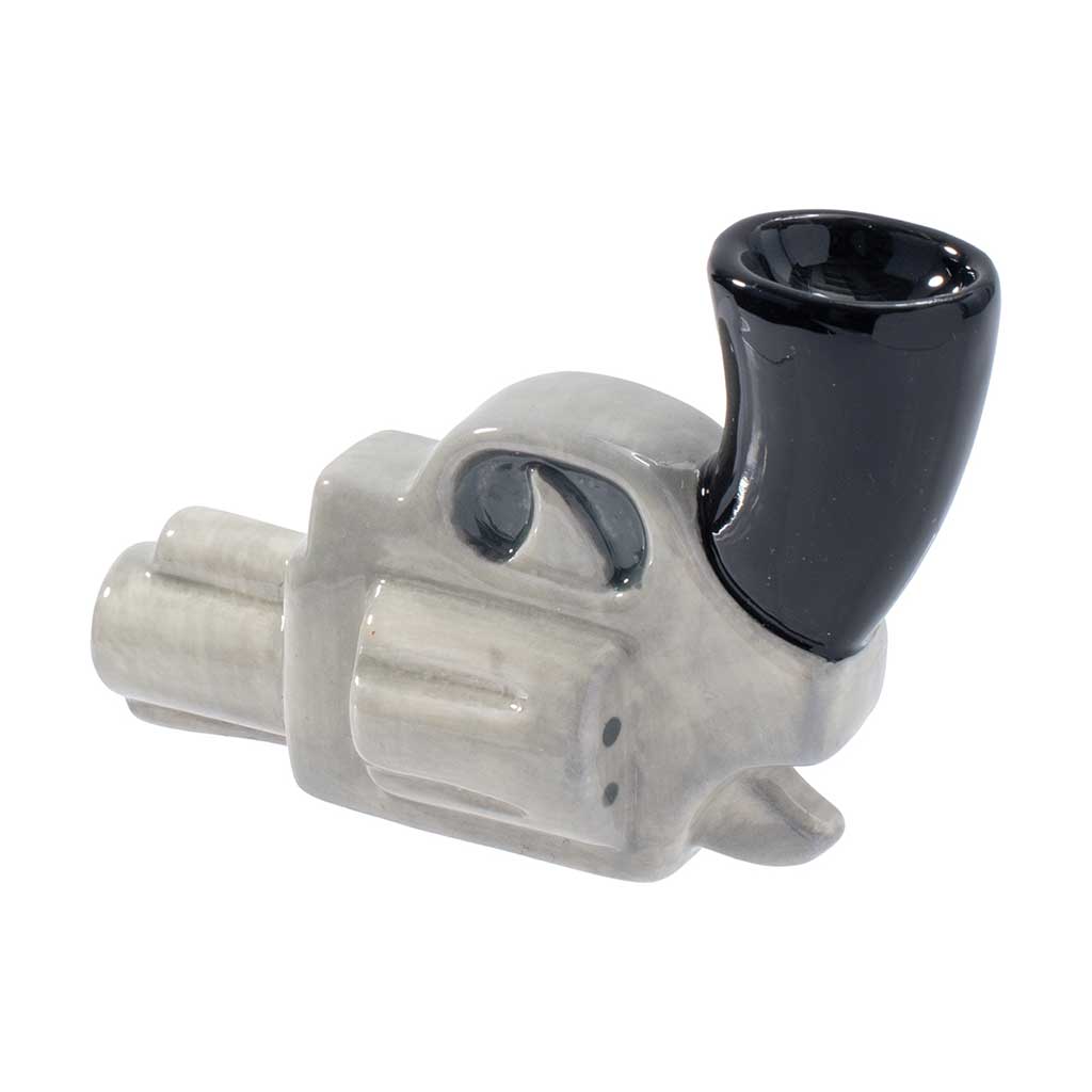 Shop hand gun ceramic hand pipe, angled view highlighting deep bowl and carb—add to cart for quick delivery.