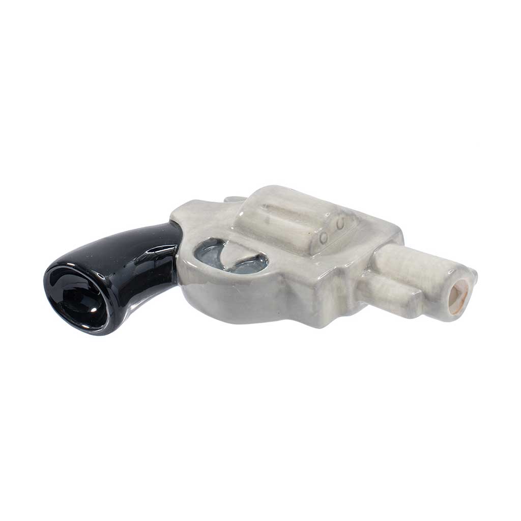 Buy hand gun ceramic hand pipe, side view with top bowl and mouthpiece—order online at Honeybee Herb for fast, discreet shipping. 