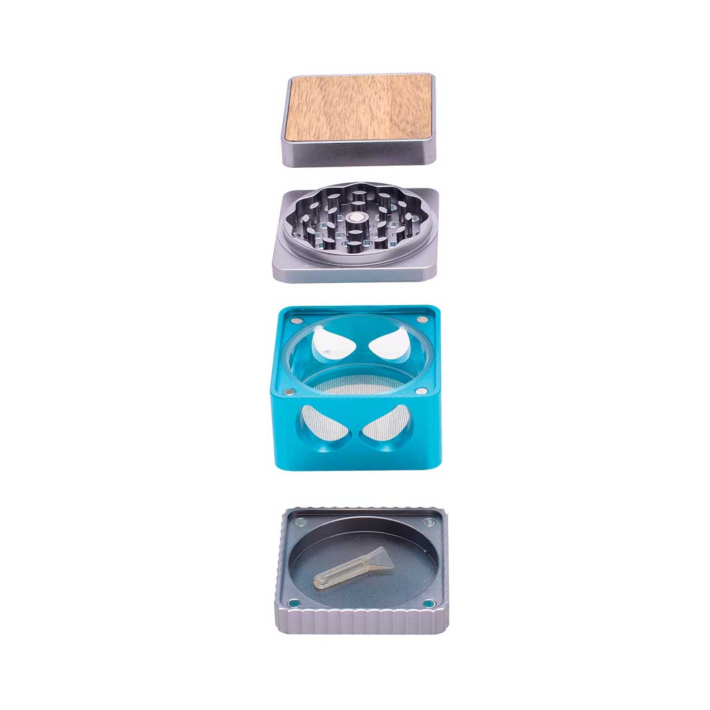 4-piece Blue Harlequin square grinder with mesh filter, sharp teeth, and magnetic wood lid – includes scraper tool 