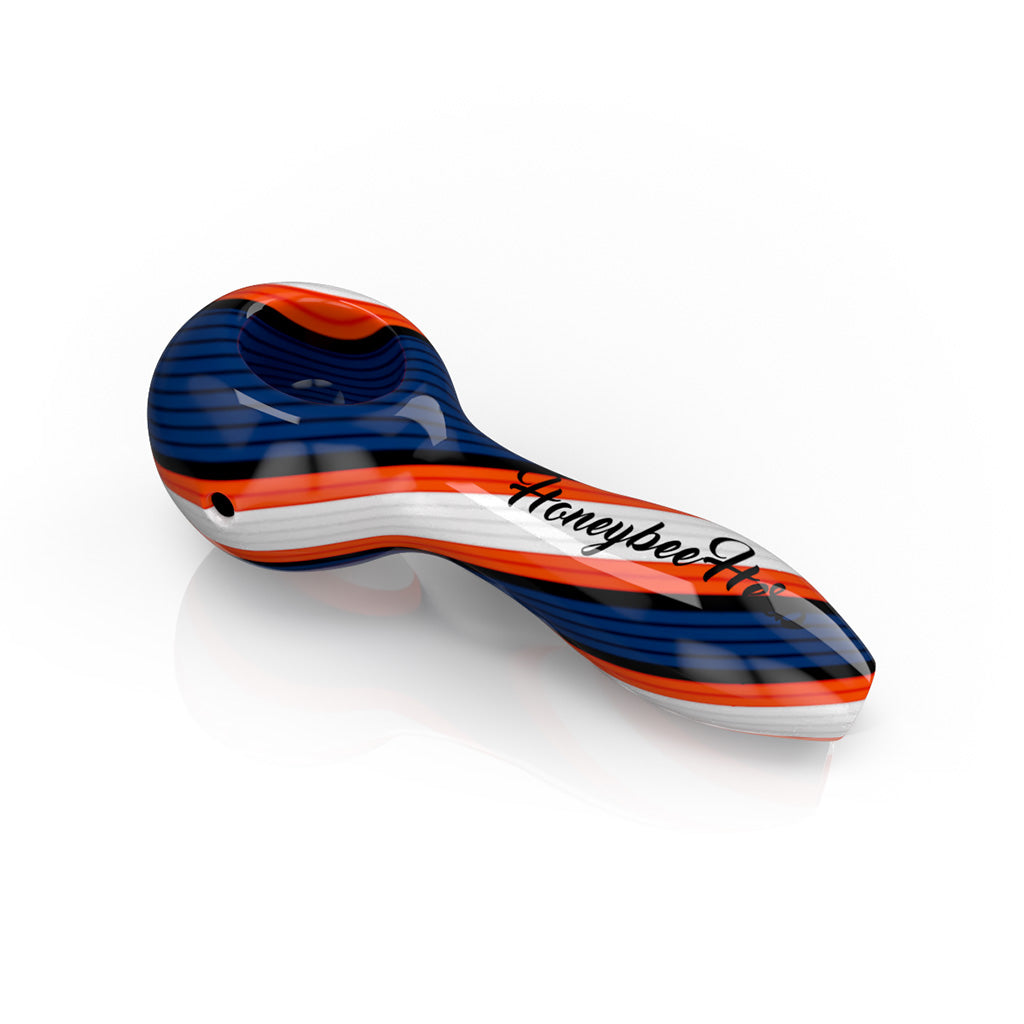 4-Inch Blue-White Colorburst Linework Spoon Hand Pipe Available At Honeybee Herb