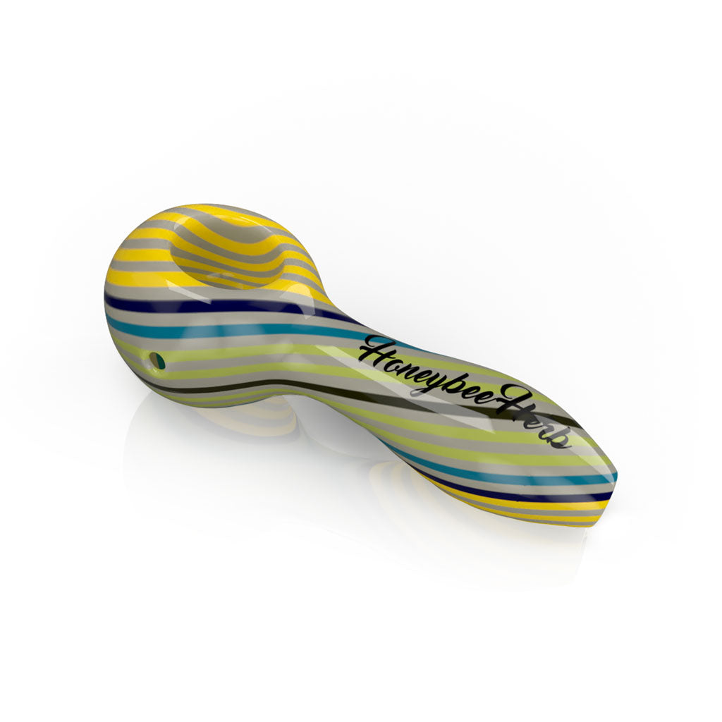 Green sand colored vibrant linework twist spoon pipe, premium glass smoking accessory.