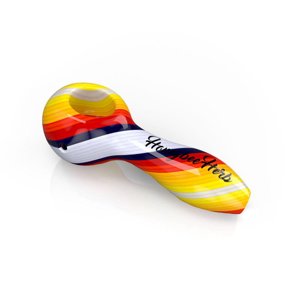 White flame vibrant linework twist spoon pipe, premium hand-blown glass pipe for smoking.