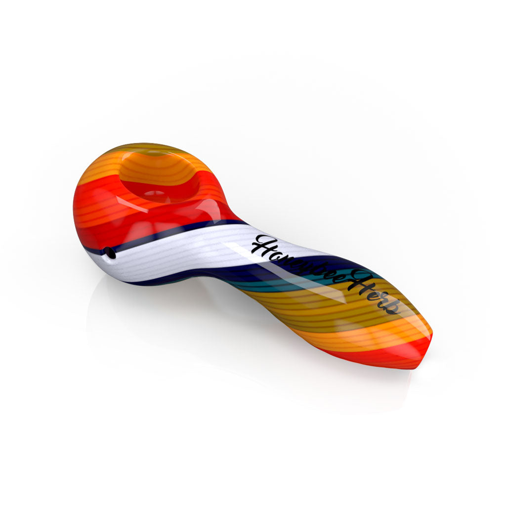 Lavender twist colored vibrant linework glass spoon pipe, unique artistic smoking accessory.