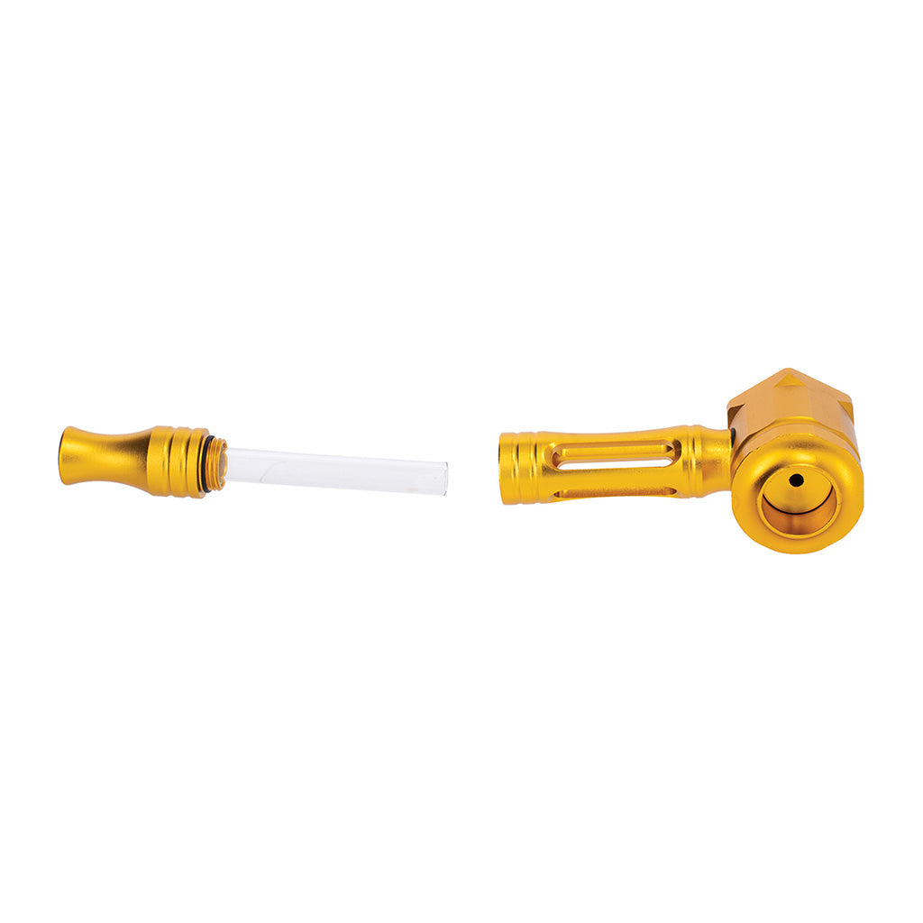 Disassembled Gold Hex Chamber Aluminum Glass Pipe showing parts and glass chamber. Available at Honeybee Herb online smoke shop
