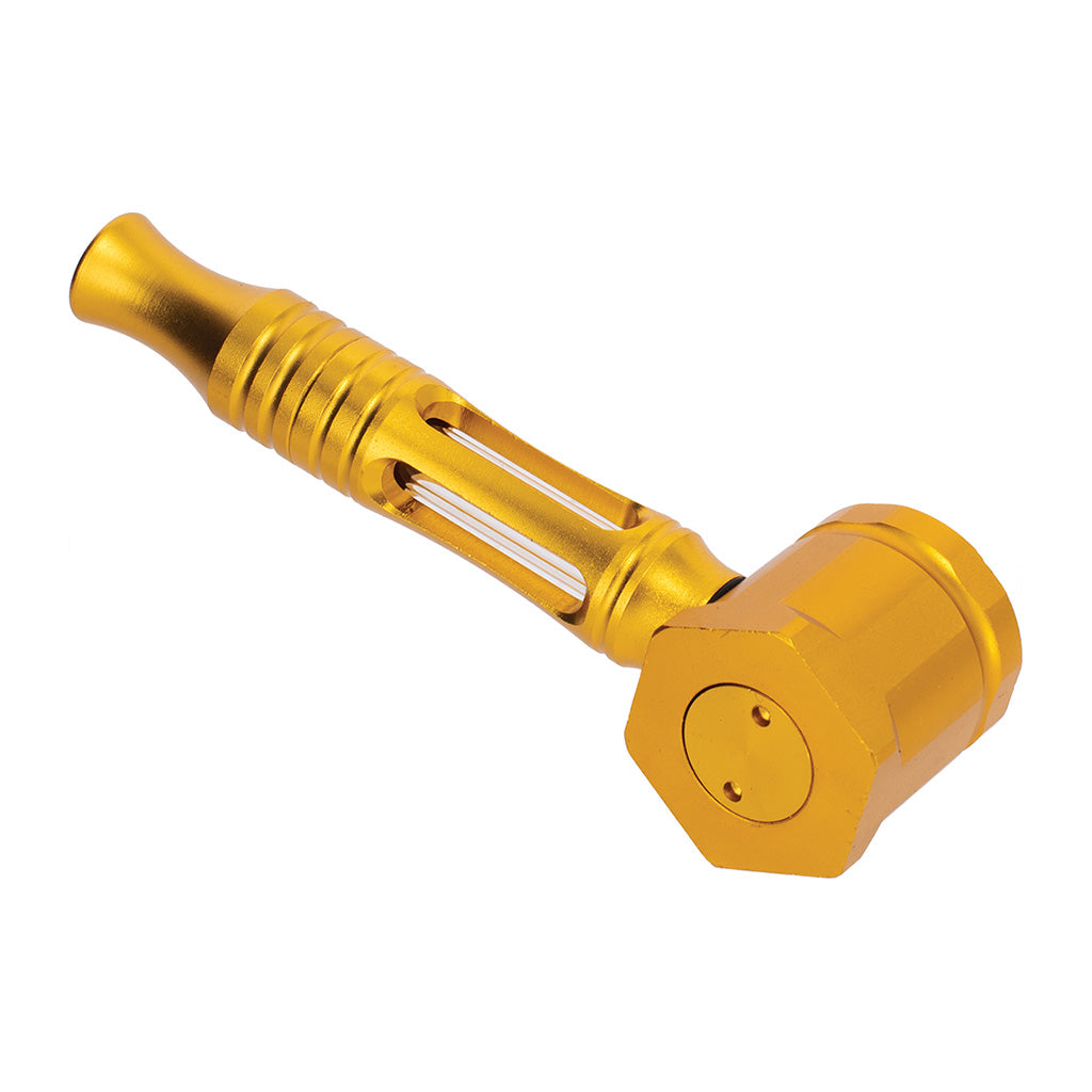 Gold Hex Chamber Aluminum Glass Pipe side view for sale at Honeybee Herb. Durable metal design with glass chamber for smooth hits