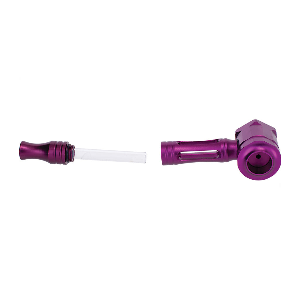 Disassembled Purple Hex Chamber Aluminum Glass Pipe with glass insert and aluminum body. Shop Honeybee Herb for durable smoking accessories.