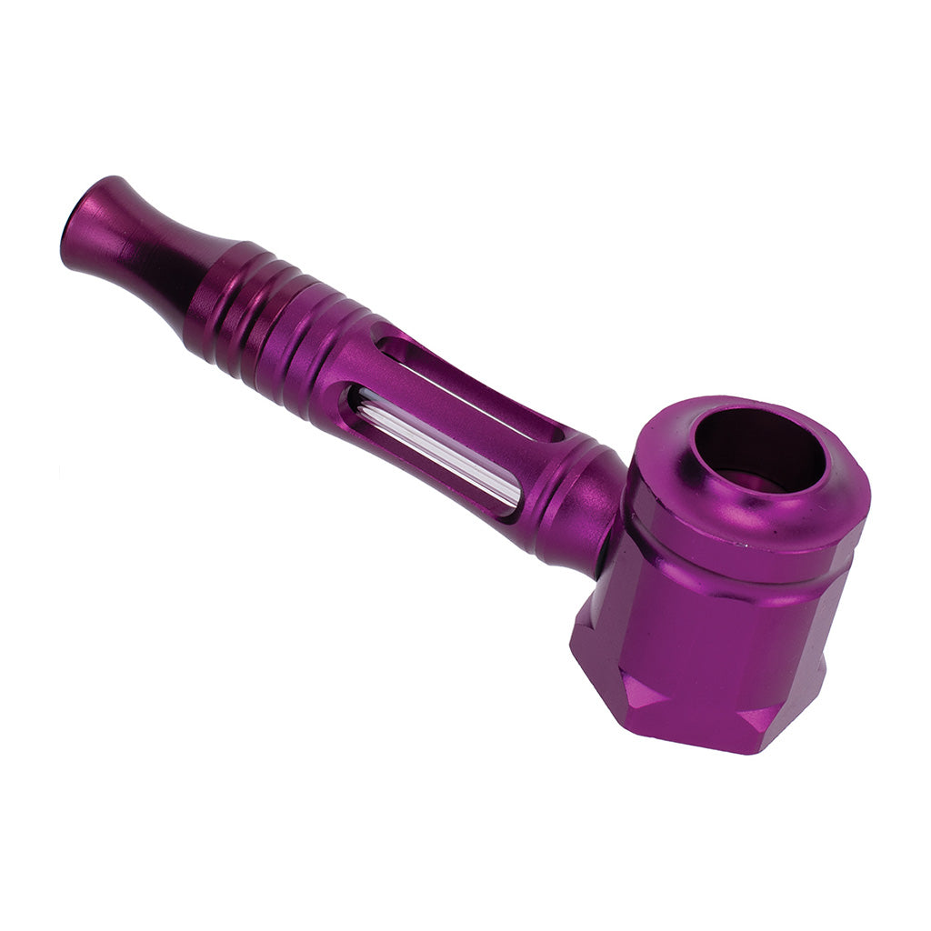 Purple Hex Chamber Aluminum Glass Pipe side view, premium aluminum and glass build for smooth smoking sessions. Buy online at Honeybee Herb.
