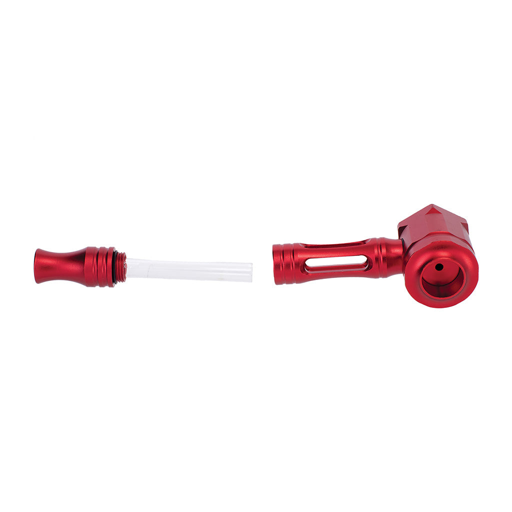 Red Hex Chamber aluminum glass pipe fully assembled for smoking sessions