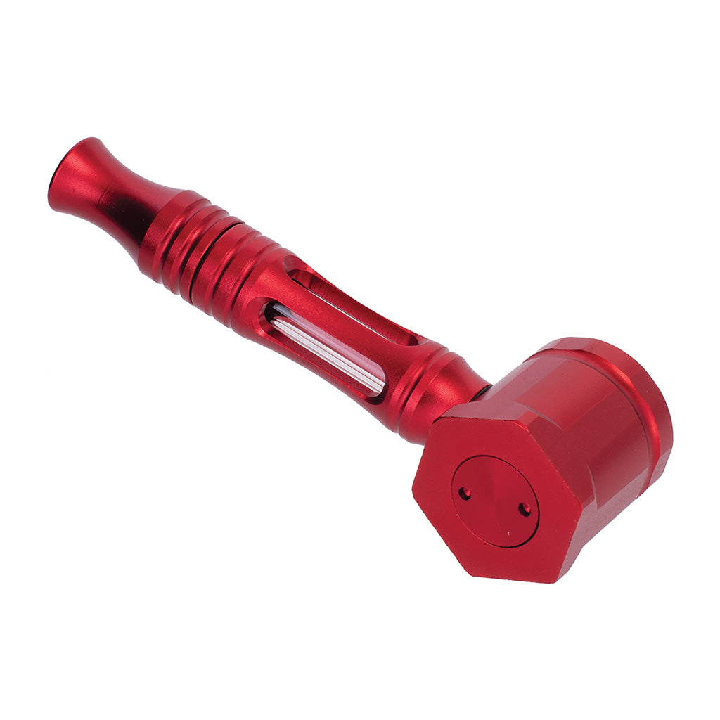 Red Hex Chamber aluminum glass pipe displayed in parts to show build quality