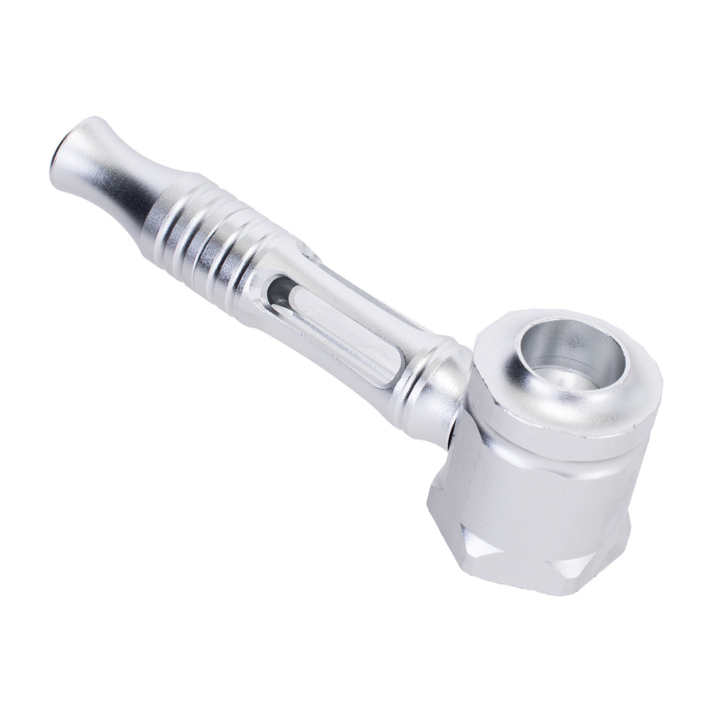 Silver Hex Chamber aluminum glass pipe shown in disassembled parts for buyers 