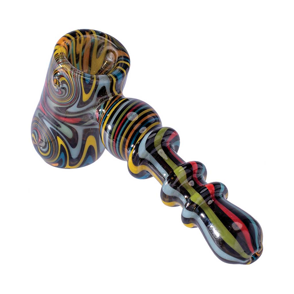 Hippie Wig Wag Hand Pipe in black with colorful swirl design, premium glass pipe at Honeybee Herb