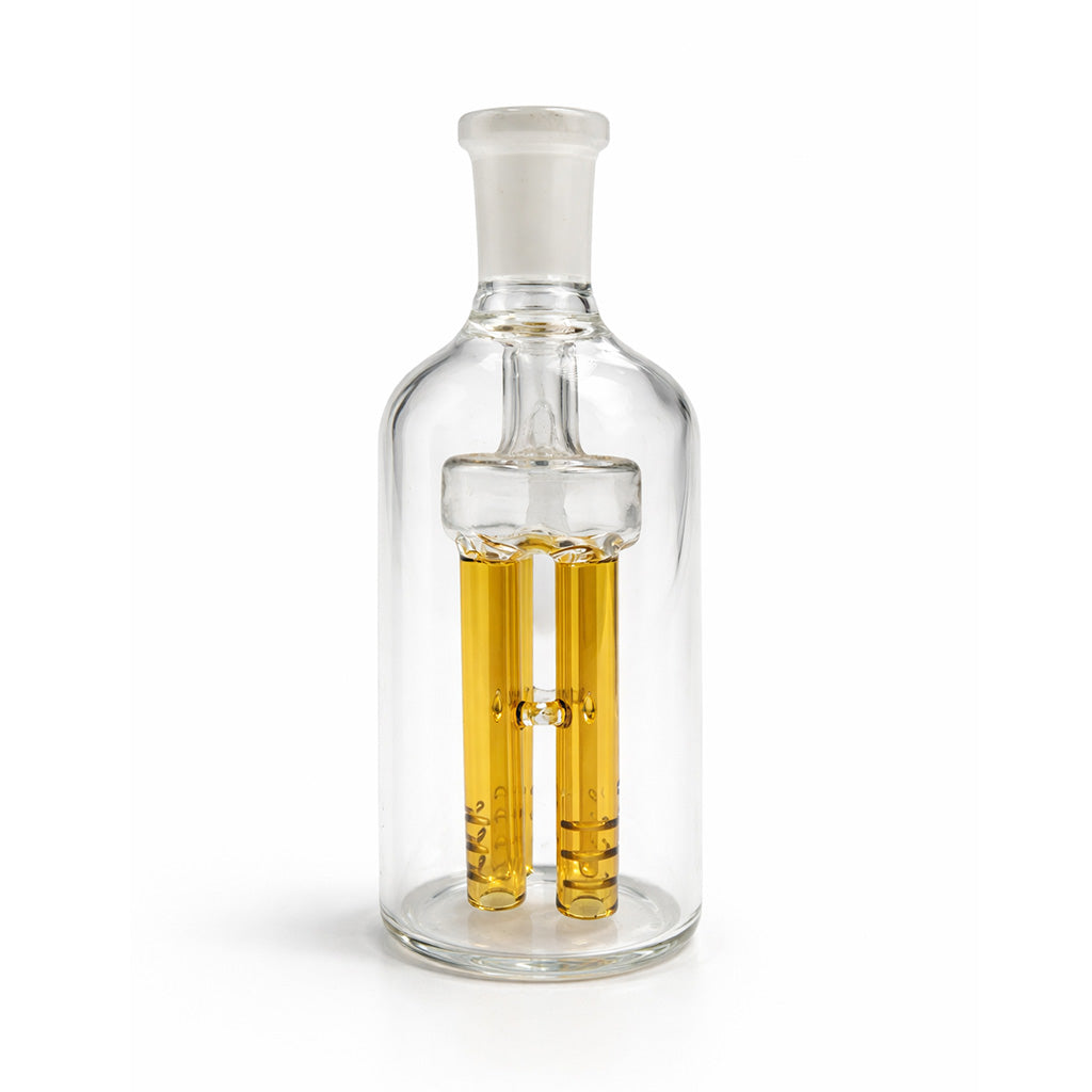 Front view of yellow Hittn 4-arm tree perc ash catcher attachment 