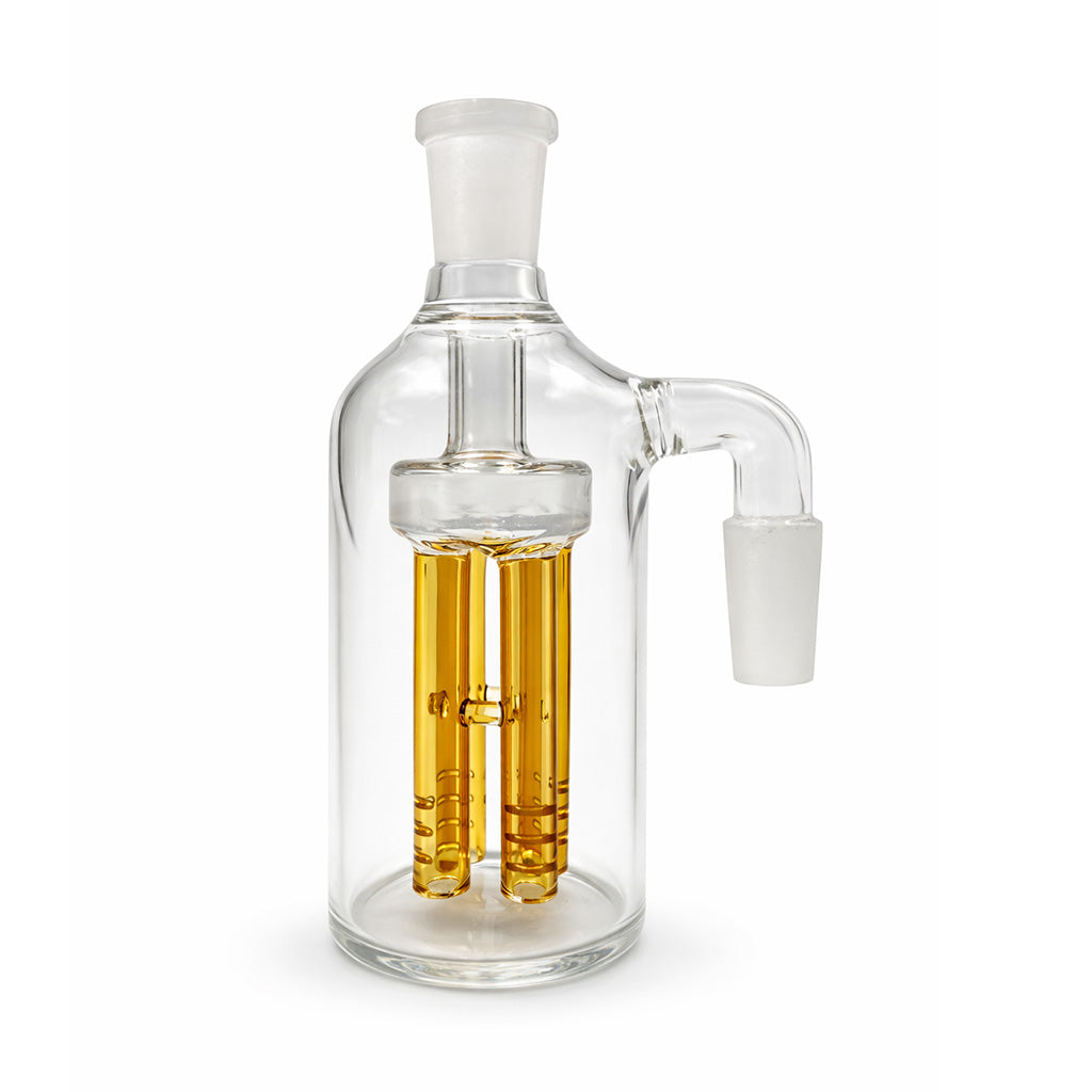 Yellow Hittn 4-arm tree perc glass ash catcher with 90-degree joint for bongs