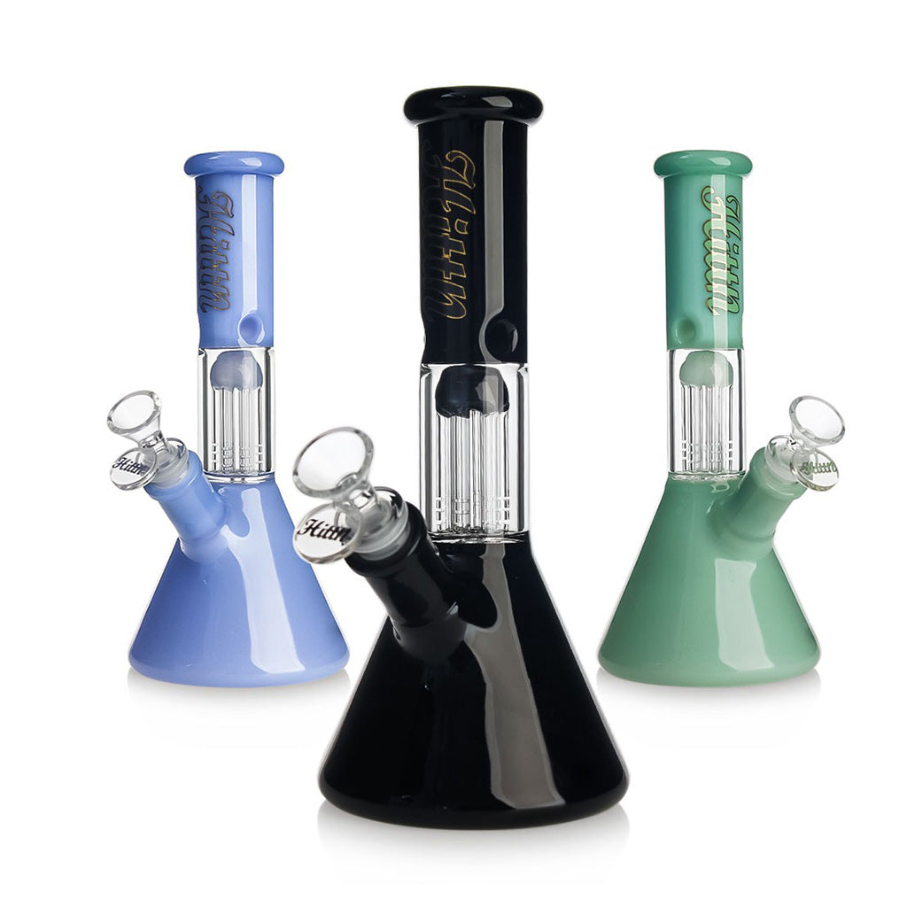 Black Hittn 6-arm tree perc beaker bong shown with blue and green options—shop Honeybee Herb today.