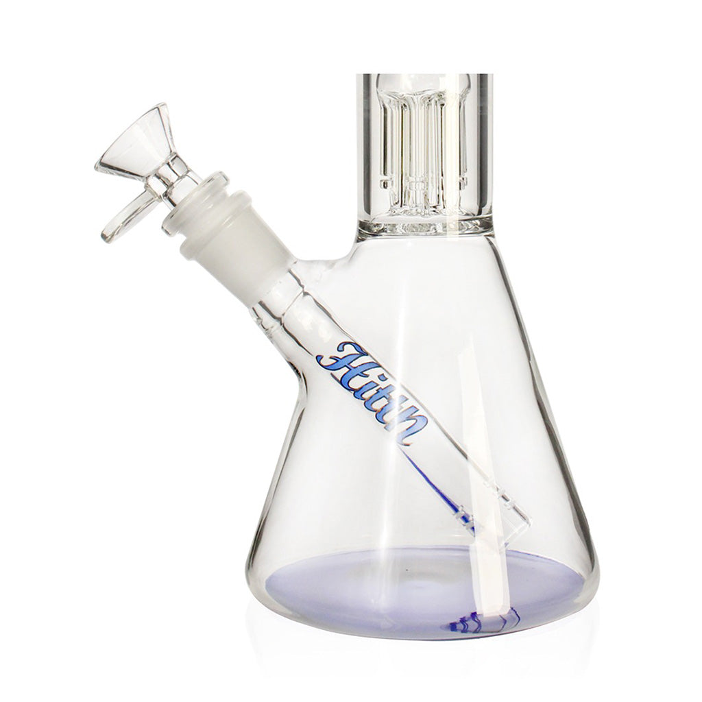 Base and downstem detail of blue Hittn 6-Arm Tree Perc Beaker Bong—order from Honeybee Herb.