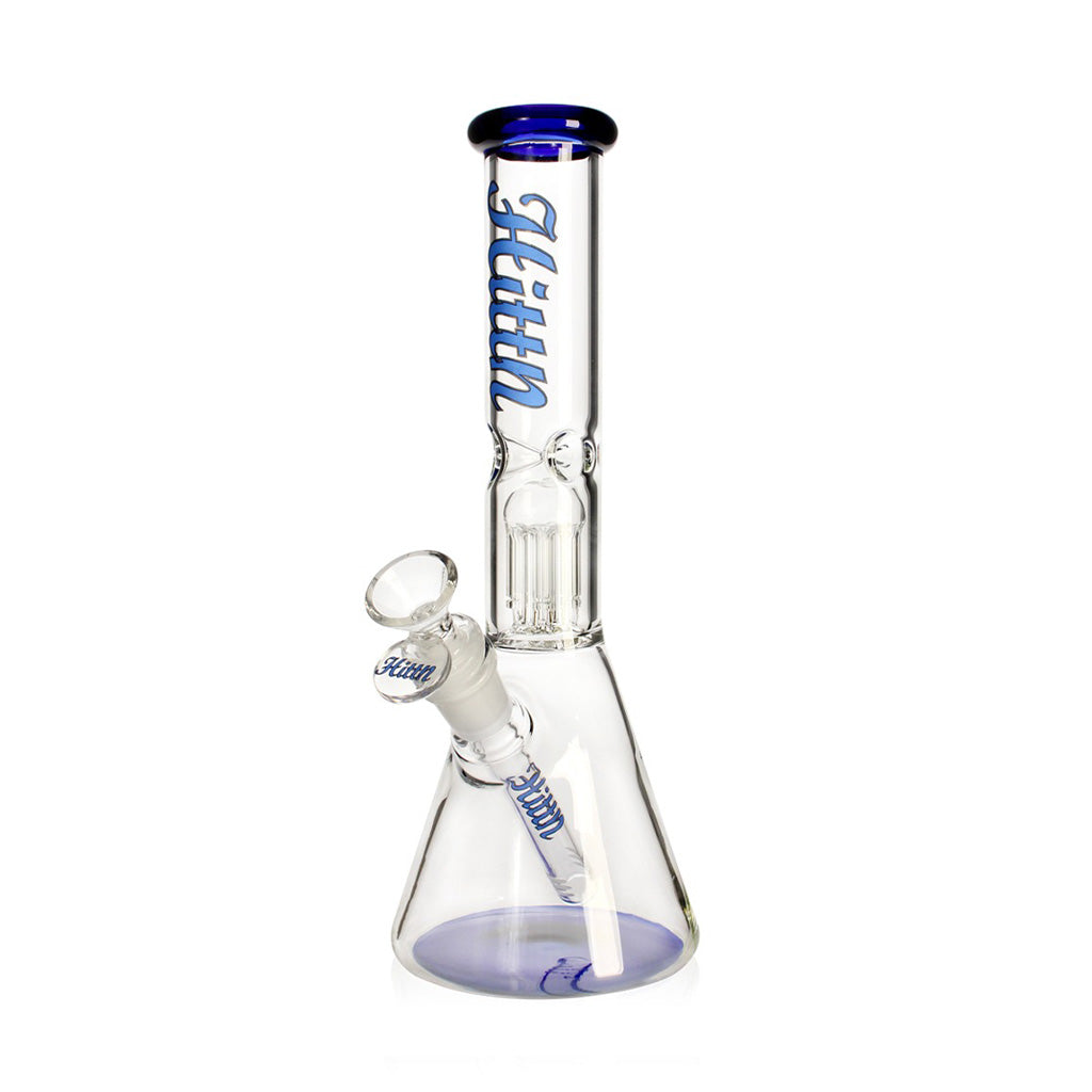 Full-height view of blue Hittn 6-Arm Tree Perc Beaker Bong with ice catcher—buy at Honeybee Herb. 