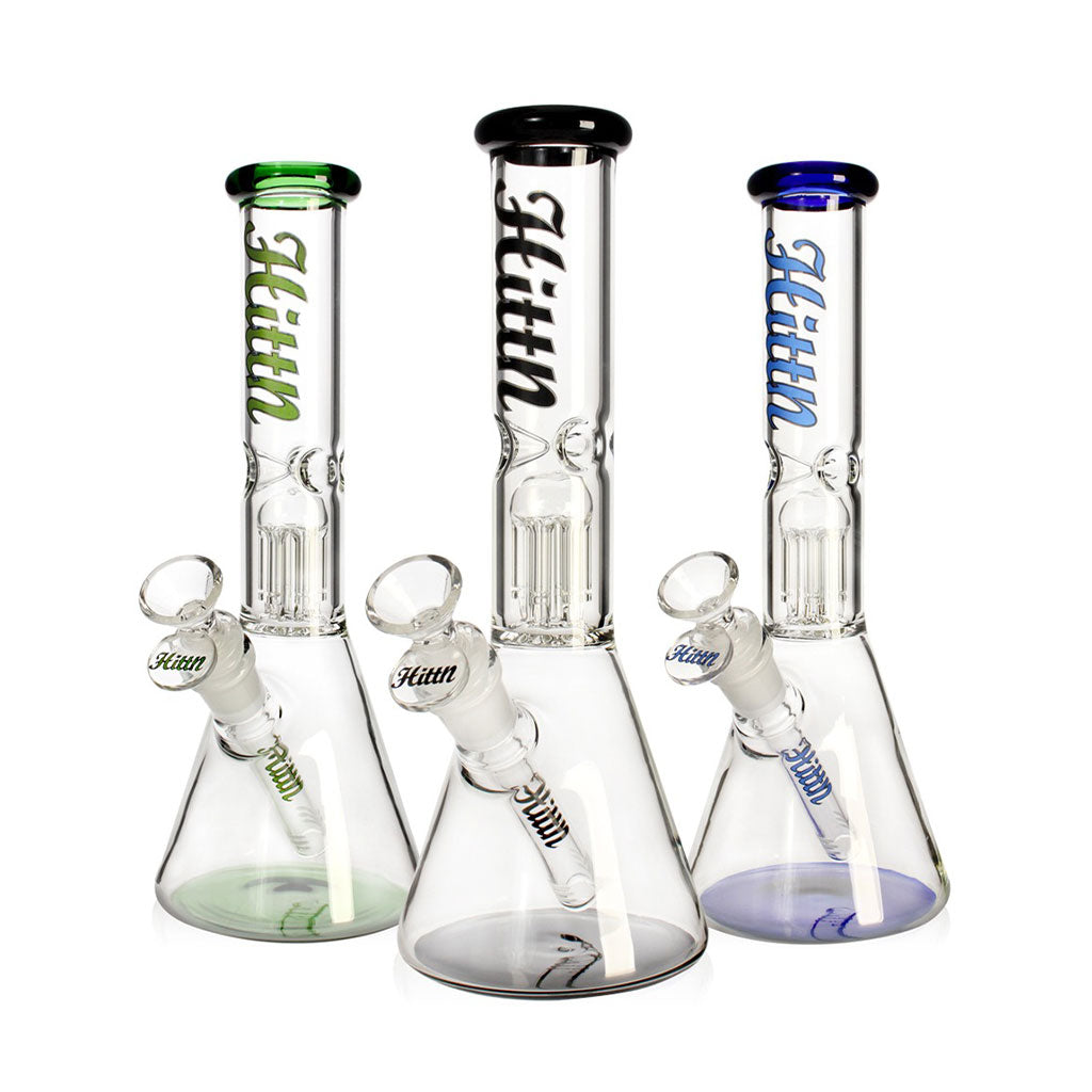 Green Hittn 6-Arm Tree Perc Beaker Bong shown with black and blue options—shop Honeybee Herb.