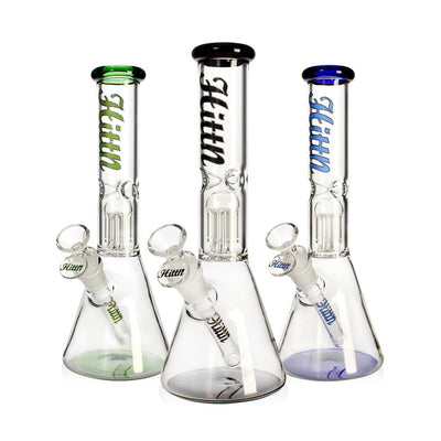 Green Hittn 6-Arm Tree Perc Beaker Bong shown with black and blue options—shop Honeybee Herb.