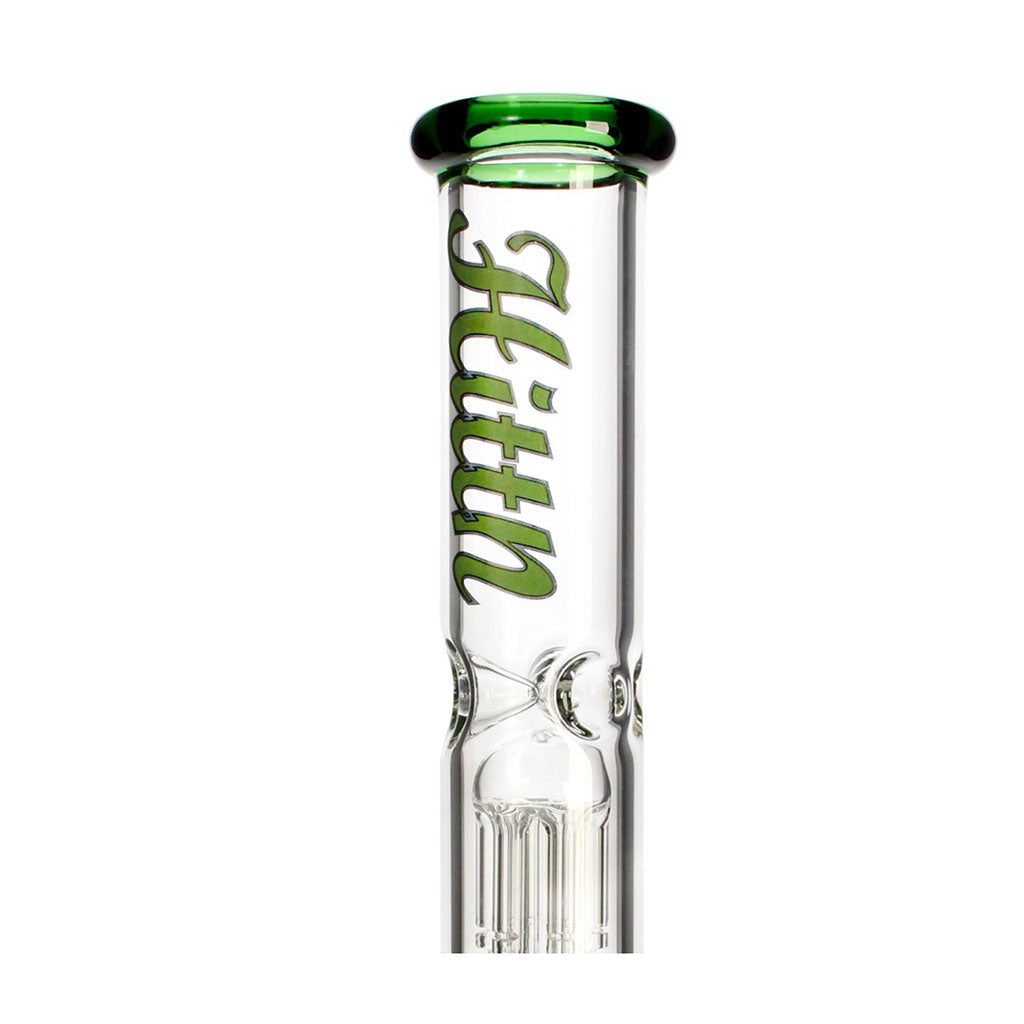 Close-up mouthpiece and logo on green Hittn 6-Arm Tree Perc Beaker Bong—buy today at Honeybee Herb.
