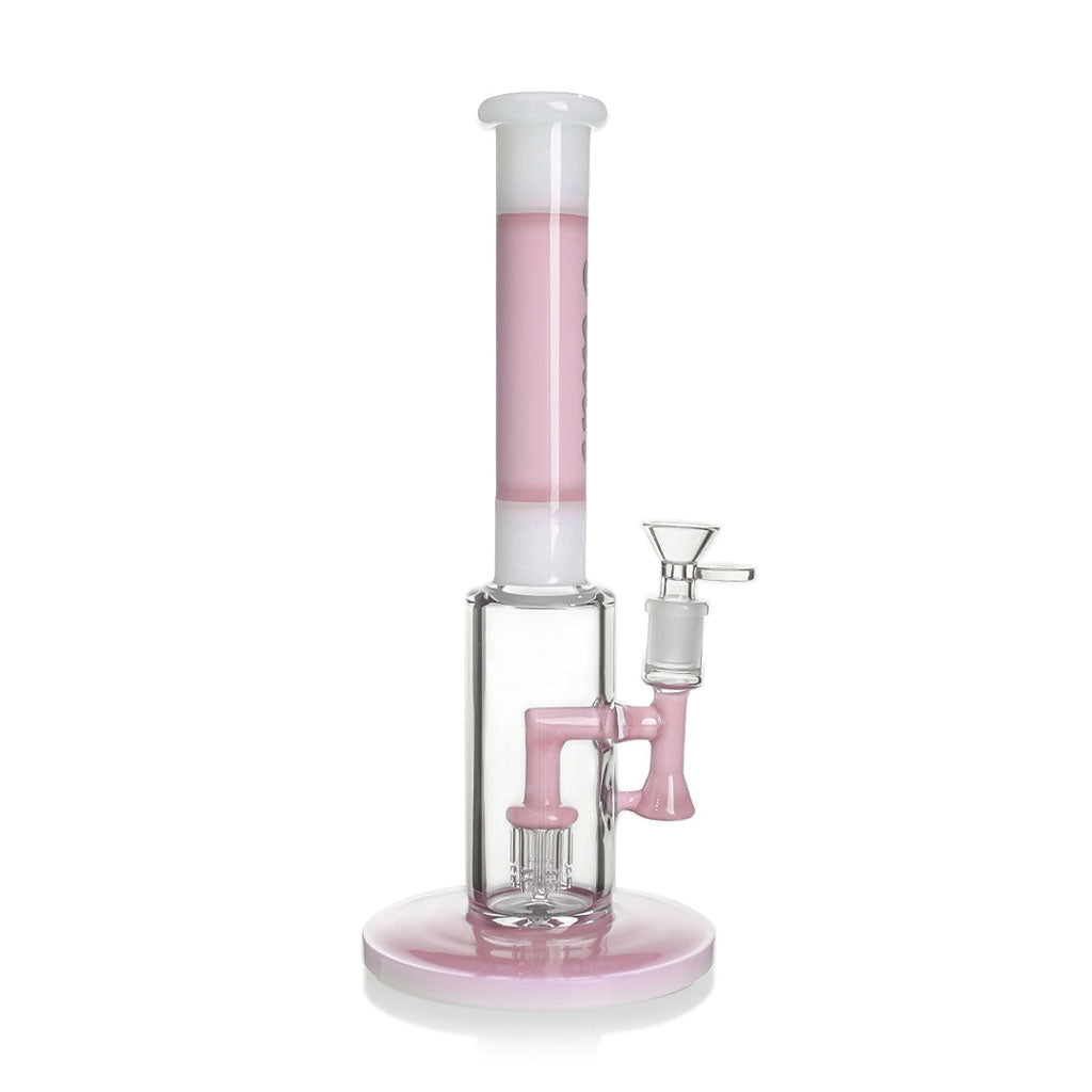 Buy Hittn 6-Arm Tree Perc Straight Tube Bong in pink – premium glass water pipe for smooth smoking, available at Honeybee Herb.