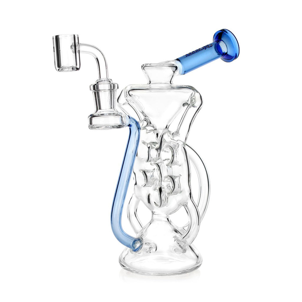 Close view of Hittn 6-Hole Swiss Perc Klein Recycler Dab Rig, blue—order now for fast shipping.