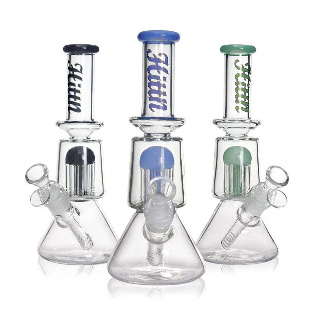 Blue Hittn 8-Arm Tree Perc Beaker Bong with splash guard shown with green and black options—buy from Honeybee Herb today.