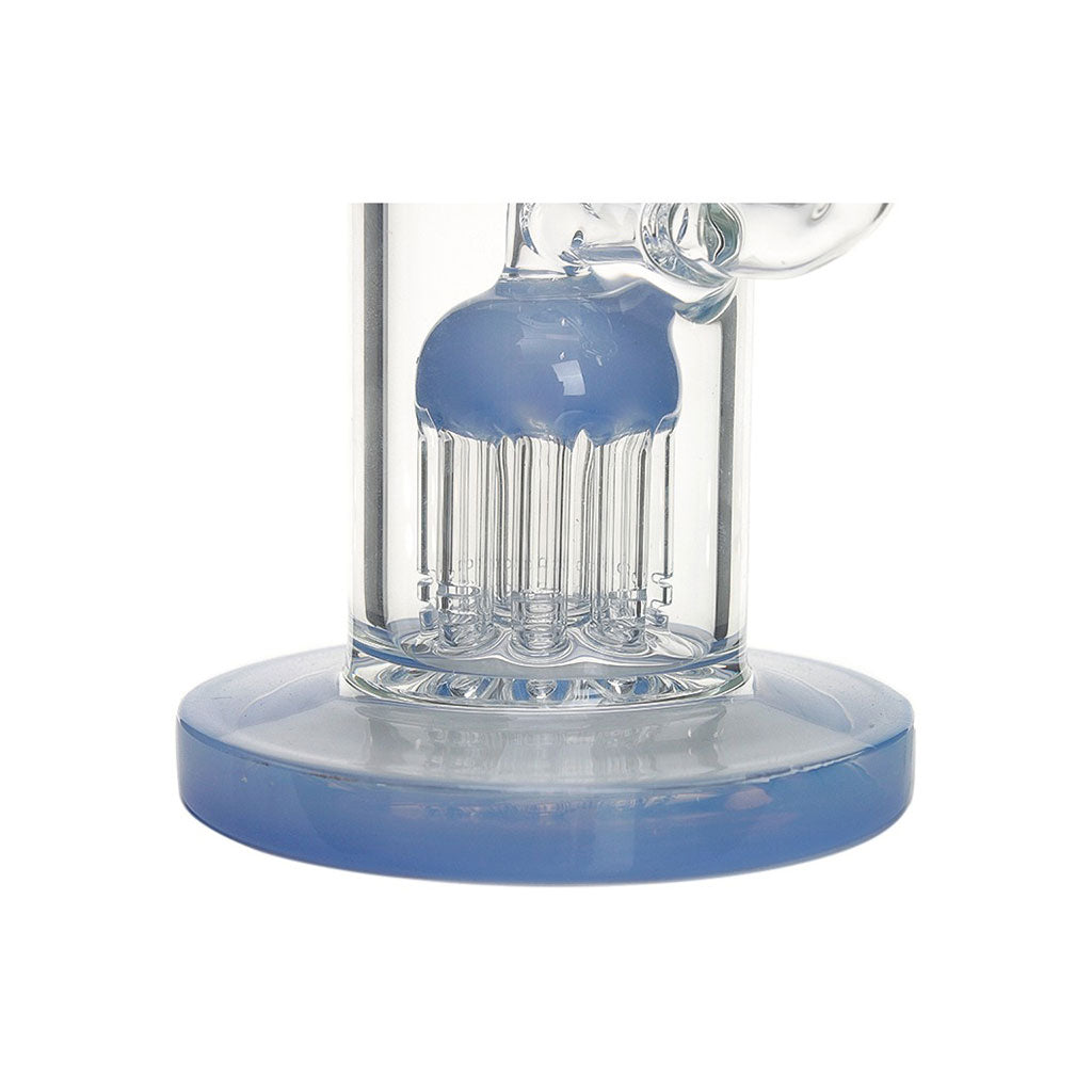 Blue Hittn 8-Arm Tree Perc Bent Neck Bong side view showcasing premium glass design.