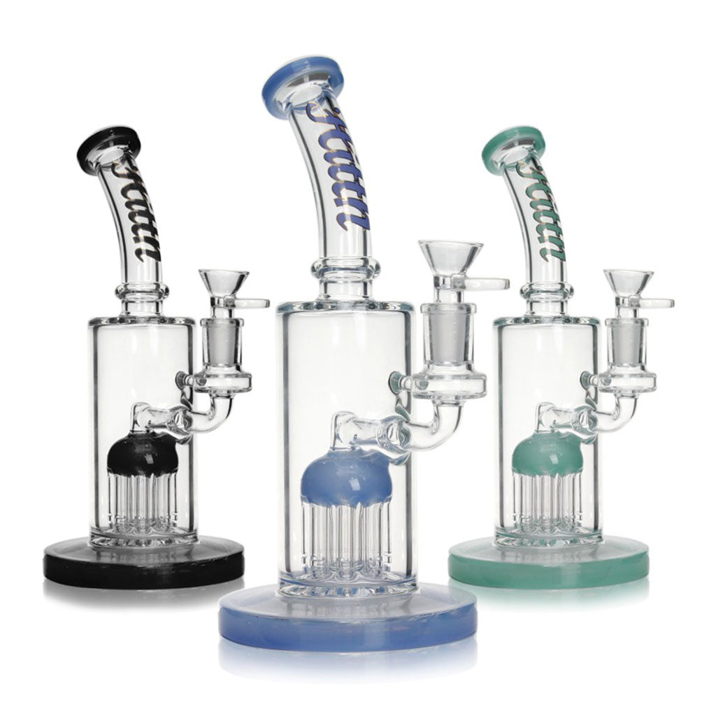Hittn 8-Arm Tree Perc Bent Neck Bongs in black, blue, and green available for sale at Honeybee Herb. 