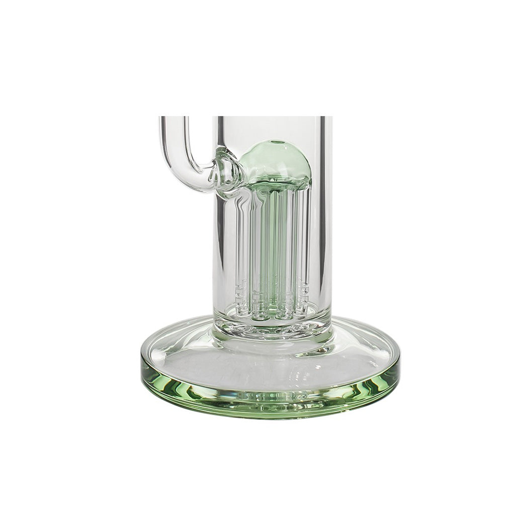 Close-up of the 8-arm tree perc on the green Hittn straight tube bong. Buy from Honeybee Herb.