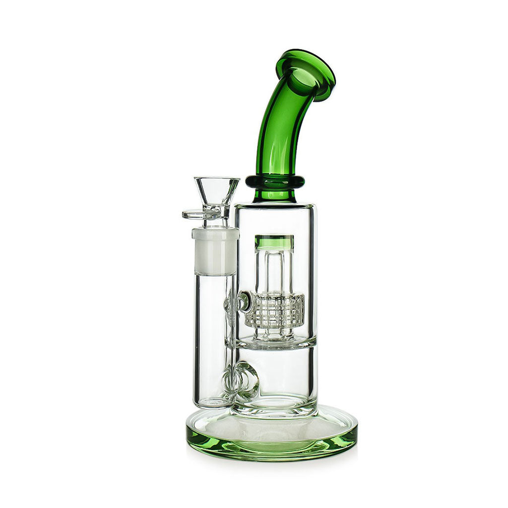 Buy Hittn Barrel Perc Bent Neck Bong in Green – premium glass water pipe with barrel perc filtration for smooth hits, available online at Honeybee Herb.
