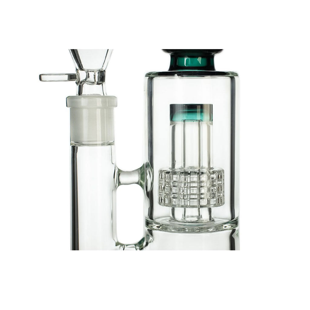 Order Lake Green Hittn Barrel Perc Bent Neck Bong – close-up of barrel perc filtration and durable glass.