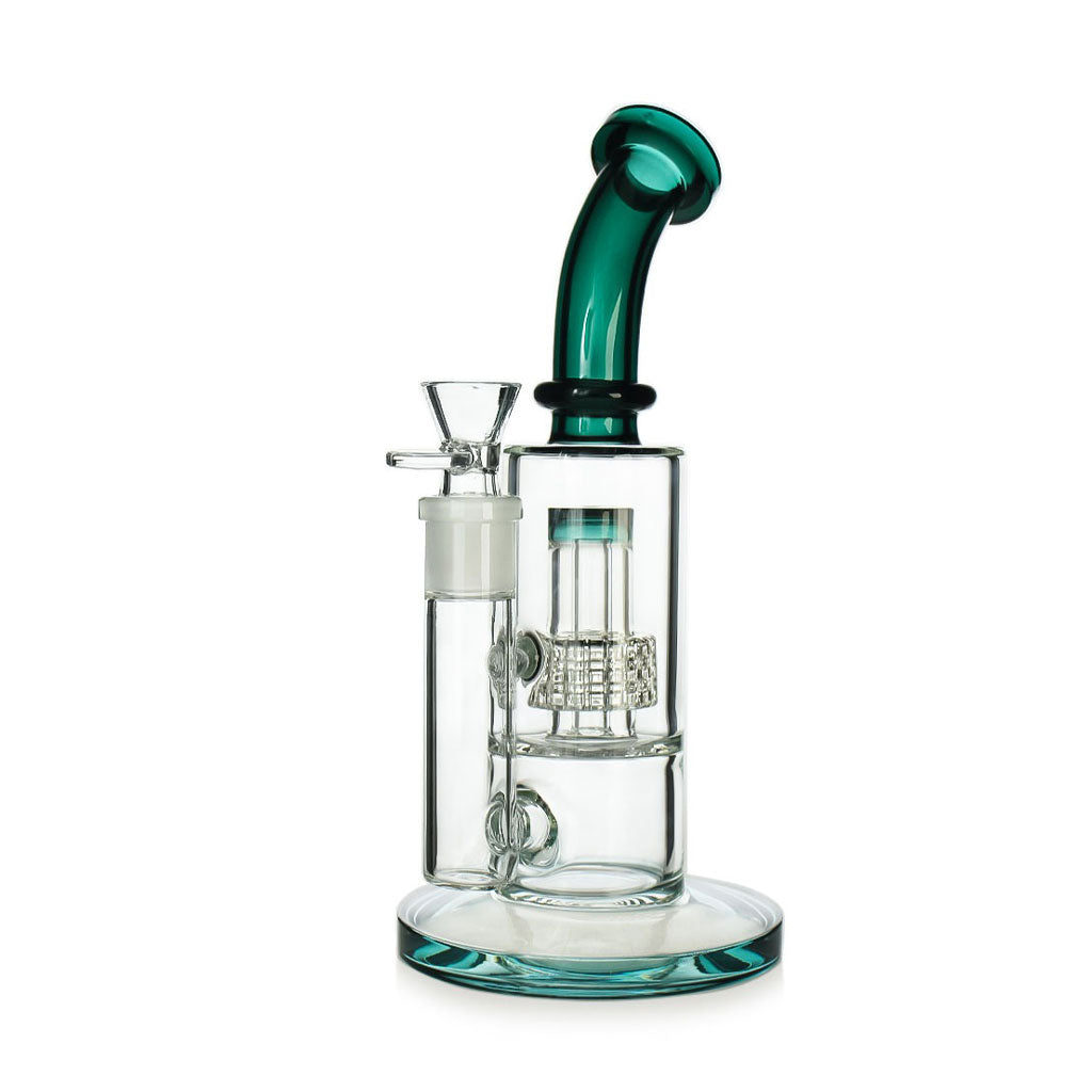 Purchase Hittn Barrel Perc Bent Neck Bong – front view of Lake Green premium glass water pipe.