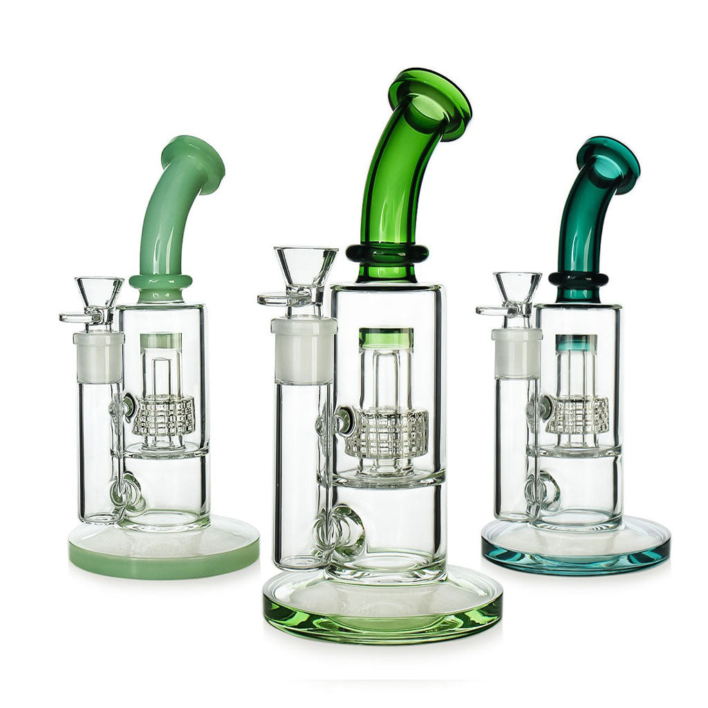 Shop Hittn Barrel Perc Bent Neck Bong in Lake Green – group shot with color options for online purchase. 