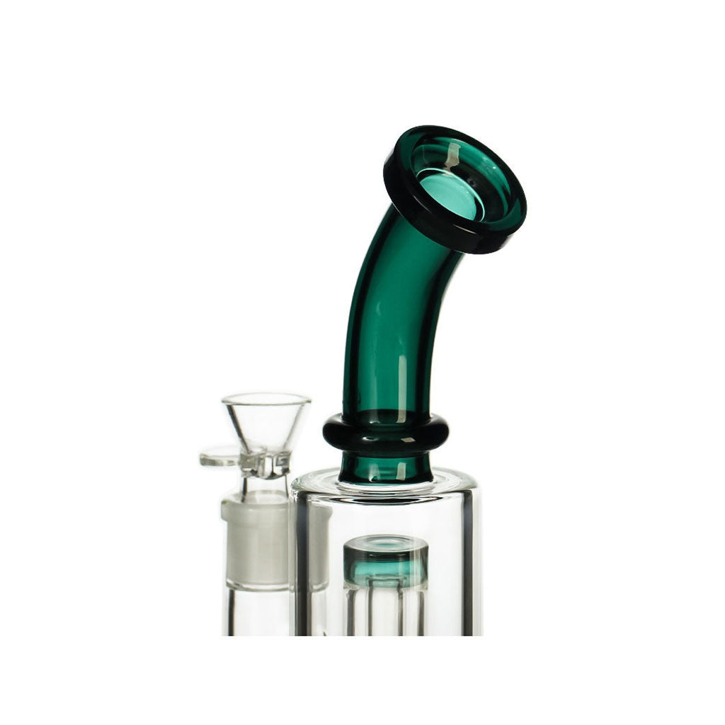 Buy Hittn Barrel Perc Bent Neck Bong in Lake Green – side view showing curved mouthpiece and premium glass. 