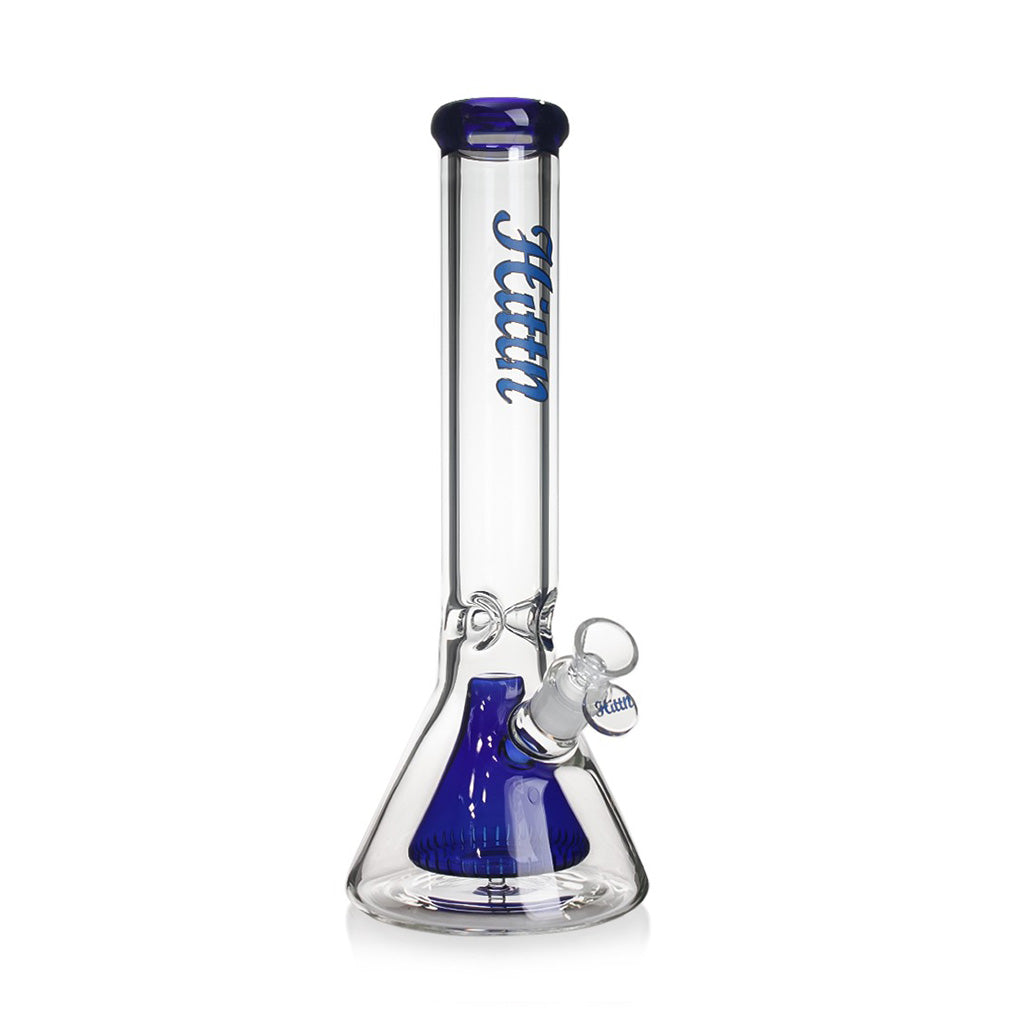 Full-height blue Hittn beaker bong with diffused downstem—buy today at Honeybee Herb. 
