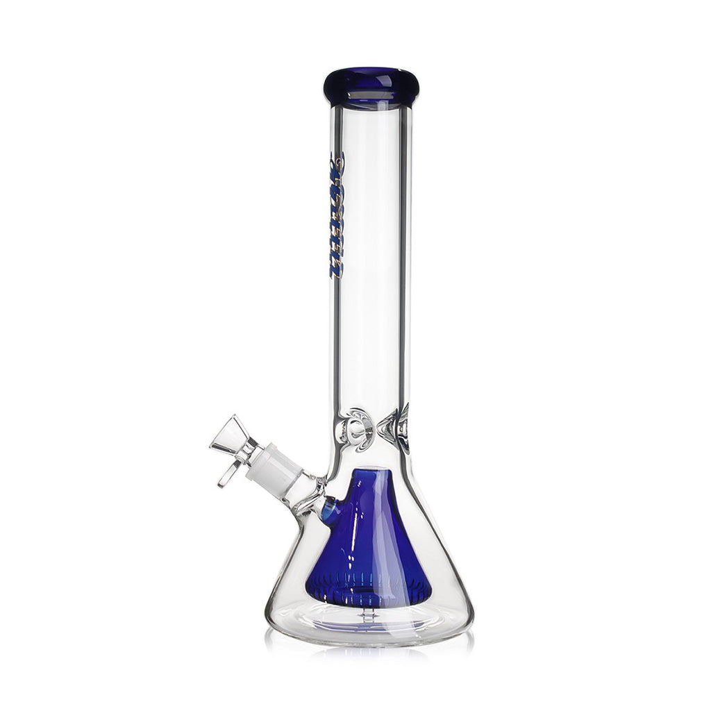 Blue Hittn beaker bong, side view with diffused downstem—shop Honeybee Herb for fast shipping.