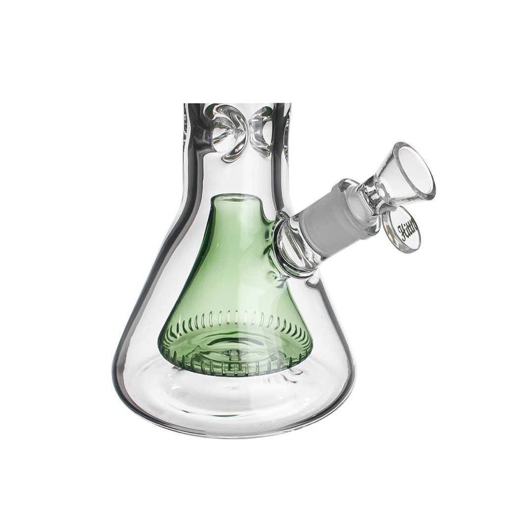 Base detail of green Hittn beaker bong with diffused downstem—shop Honeybee Herb today.