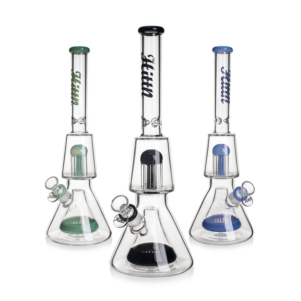 Premium Hittn black double perc beaker bong – 8-arm tree & pyramid percolators for daily smoking.