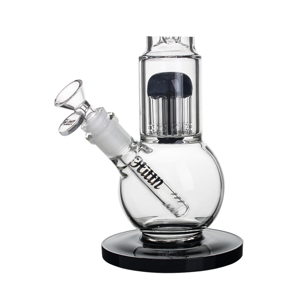 Hittn black bubble base bong side view – shop premium 8-arm tree perc glass bong online.