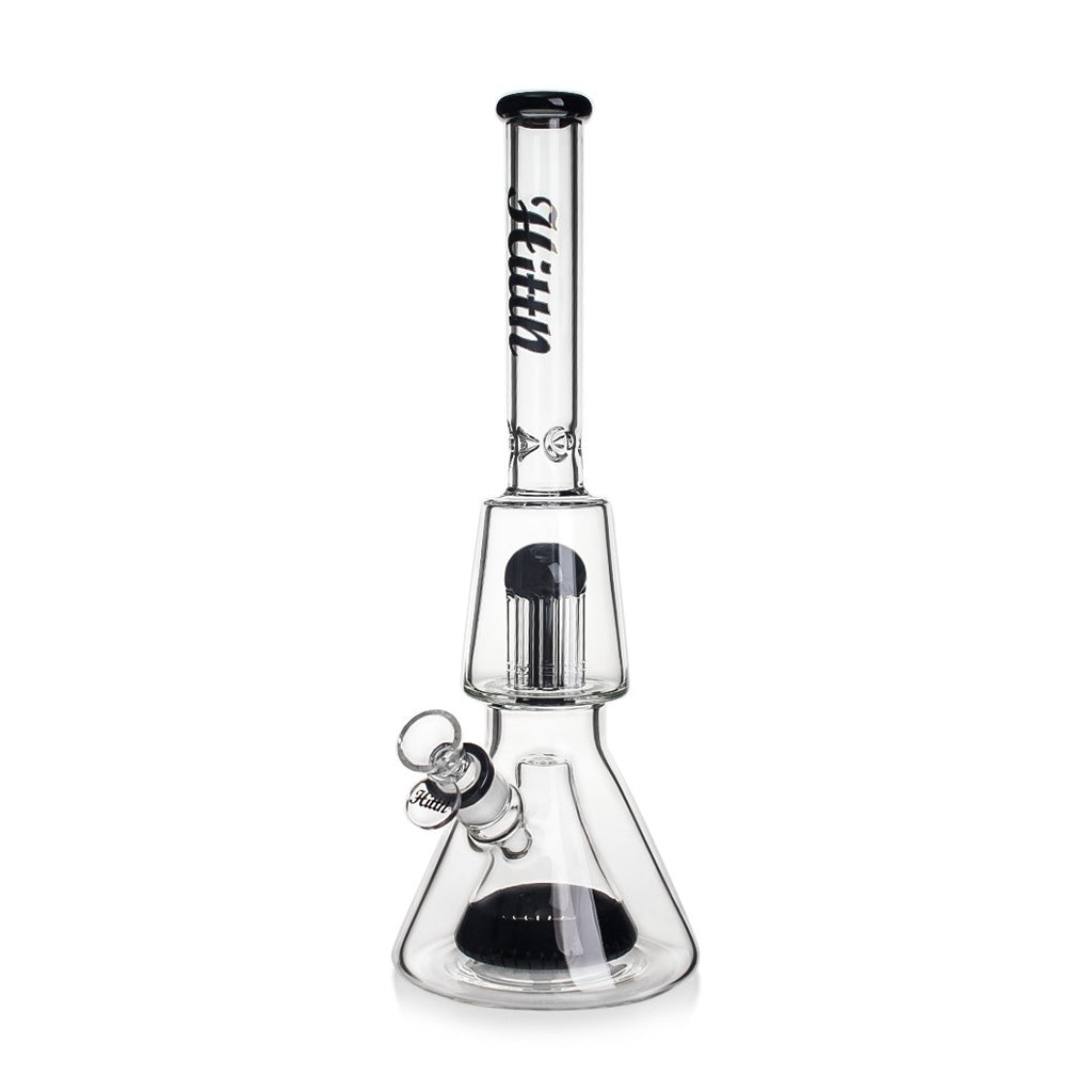 Hittn black glass beaker bong featuring 8-arm tree & pyramid percs – order now for smooth hits. 