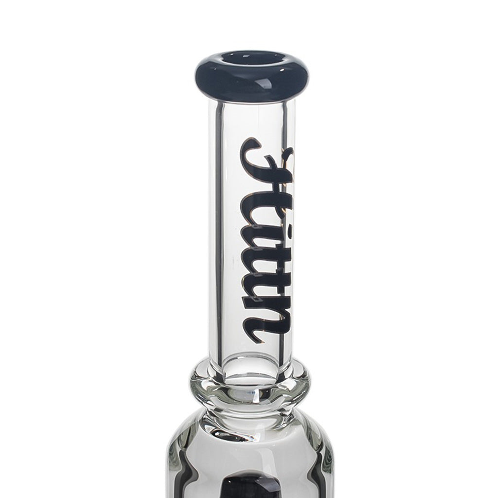 Close-up of Hittn black straight tube bong mouthpiece – buy premium glass bong.